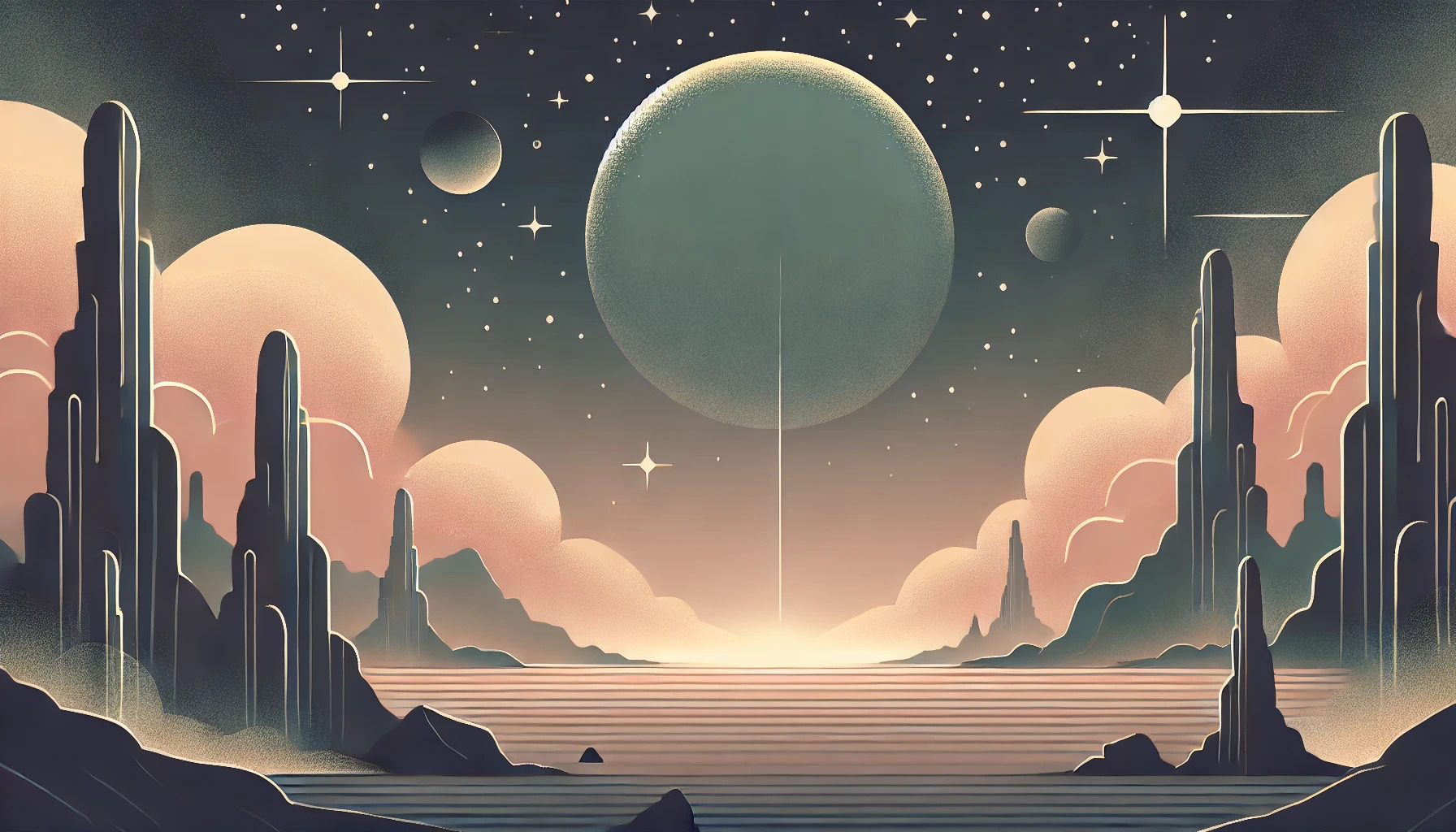 DALL·E 2024 07 14 23.26.45   A minimalist sci fi scene depicting an alien landscape with strange rock formations and a glowing horizon. The sky is filled with distant stars and a 